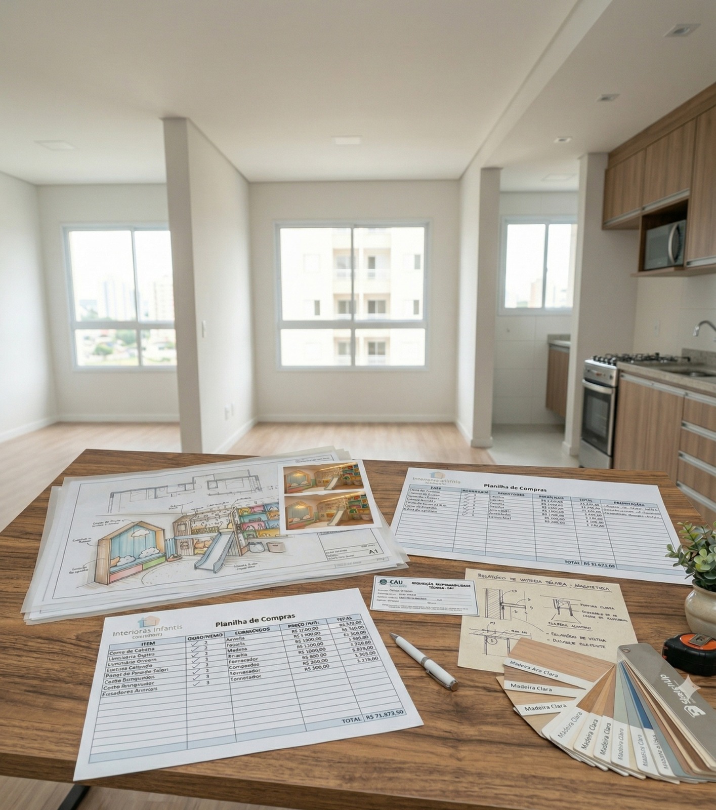 Apartamento com planilha de compras, perspectiva ilustrada e amostras de acabamento