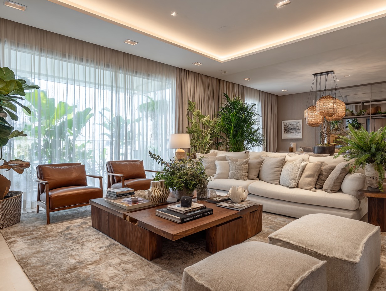 Sala de estar sofisticada com tons terrosos, plantas e iluminação acolhedora — resultado de um projeto A.G. Arquitetura