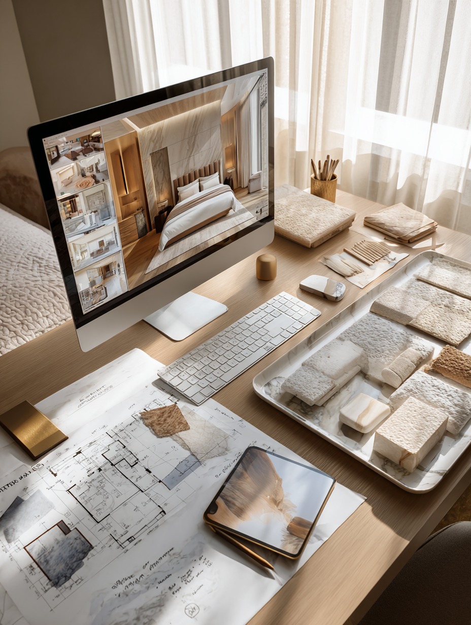 Mesa de trabalho com iMac mostrando projeto 3D, plantas e amostras de materiais