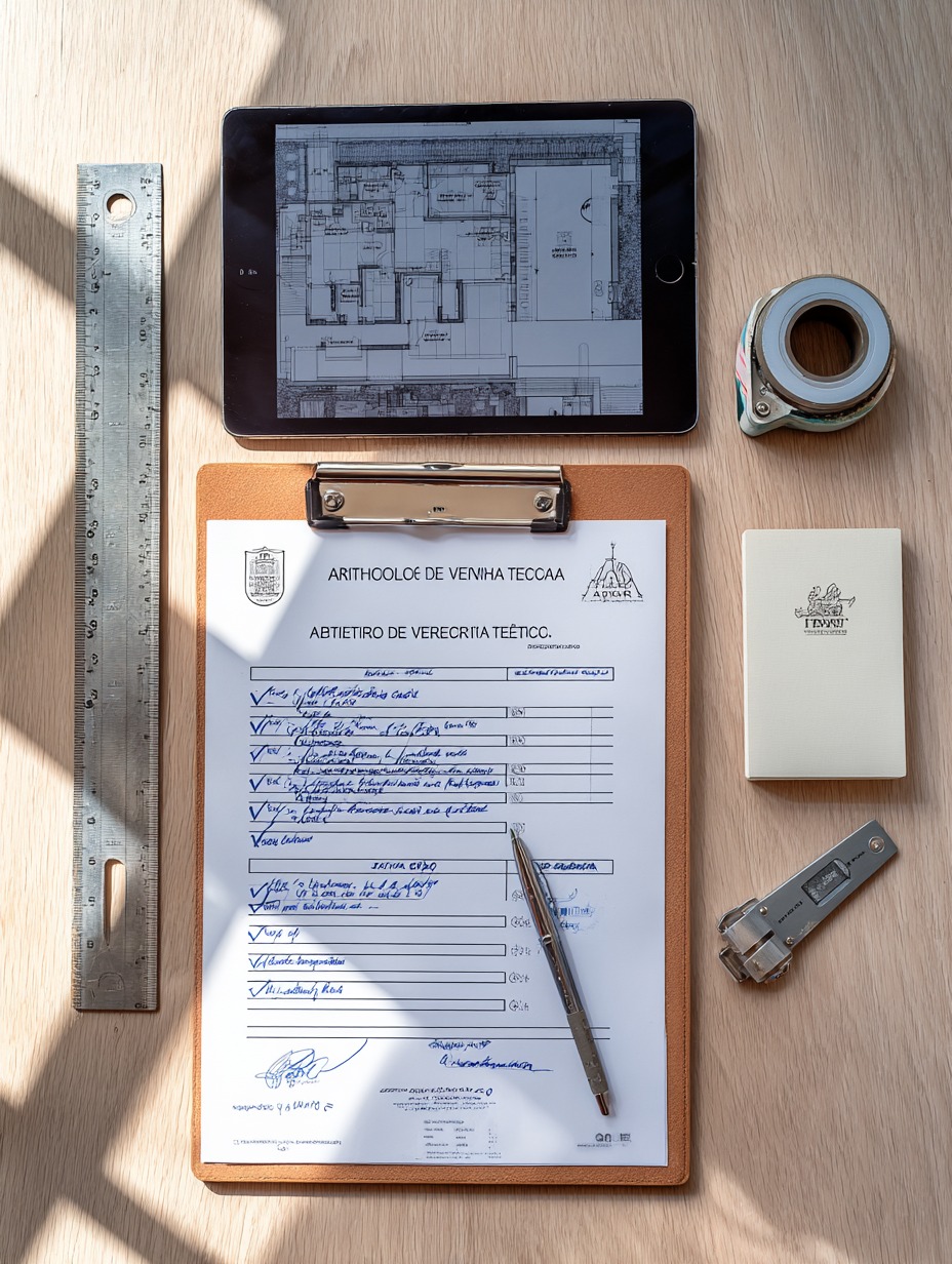 Documento técnico RRT com planta no tablet e ferramentas de arquitetura